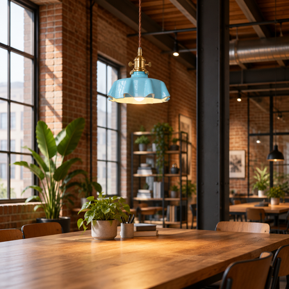 Hyacinth Pleated Glass Pendant Light, 1 Light Brass and Blue, in a co-working space in a converted warehouse
