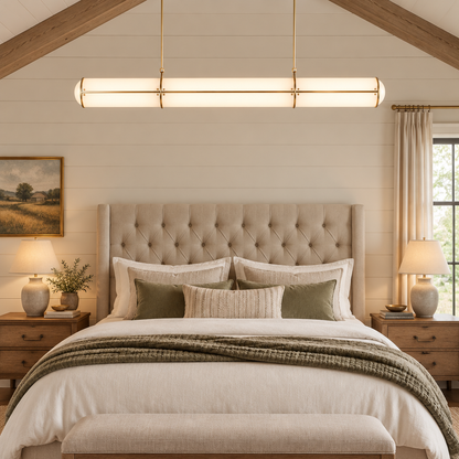 Axton Linear LED Pendant Light, Gold and White, in a Nashville modern farmhouse primary bedroom with a tufted headboard