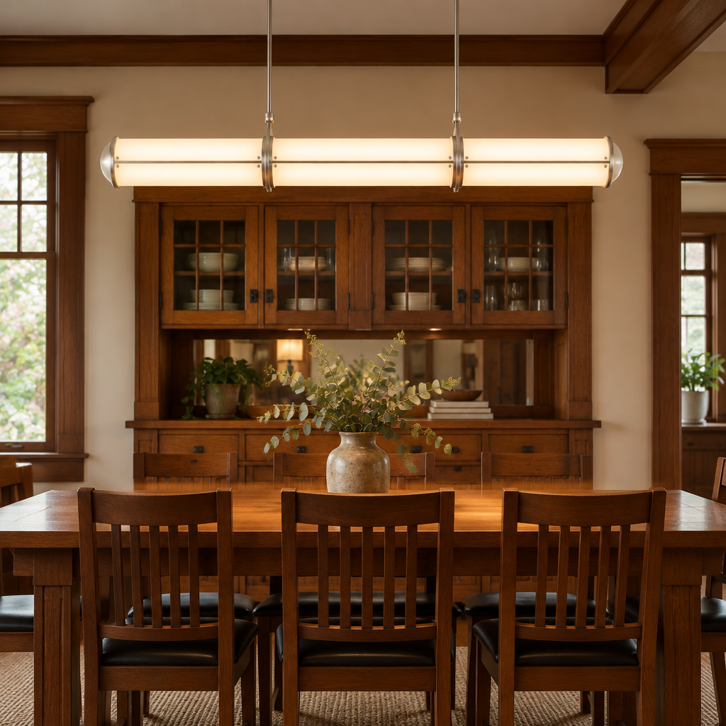 Axton Linear LED Pendant Light, Brushed Nickel and White with long canopy, in a craftsman bungalow dining room with wood trim and built-in cabinets