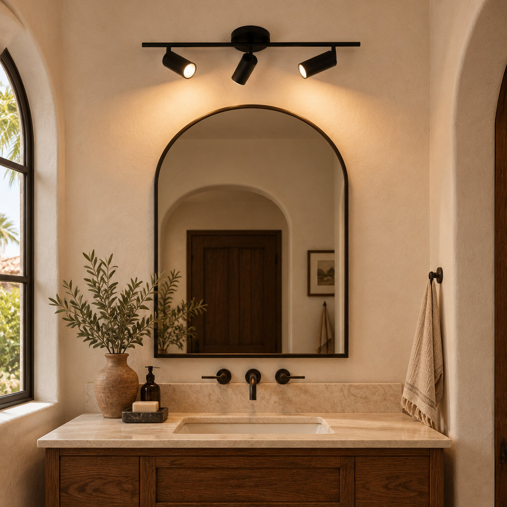 Ziva Adjustable Spotlight Wall Light, 3 Lights Matte Black, in a Southern California Spanish bungalow bathroom with a vanity and arched mirror