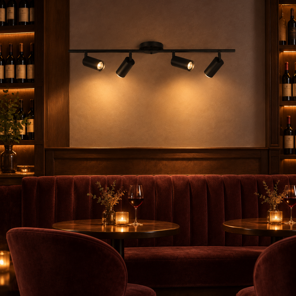 Ziva Adjustable Spotlight Wall Light, 4 Lights Matte Black, in an intimate wine bar with dark wood and velvet seating