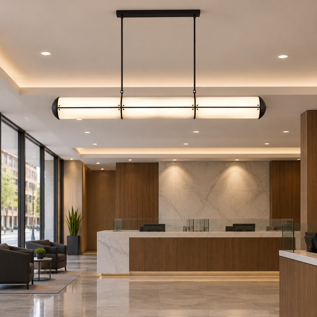 Axton Linear LED Pendant Light, Black and White, in a bank branch lobby in a U.S. city
