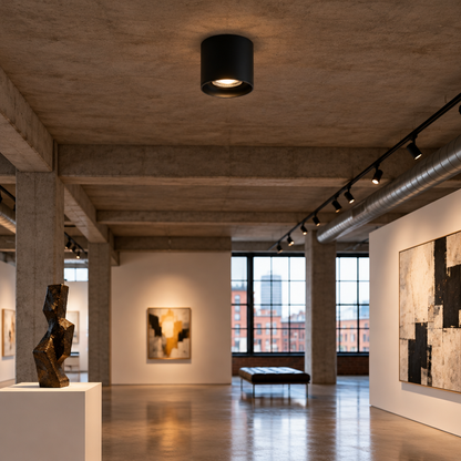 Pico LED Surface Mount Spotlight, Single Black, in an art gallery in a converted downtown loft