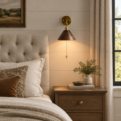 Elm Walnut Wood Wall Sconce, Model B, in a Nashville modern farmhouse primary bedroom with a tufted headboard