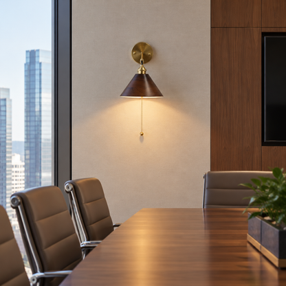 Elm Walnut Wood Wall Sconce, Model B, in a corporate conference room in a Class A office building