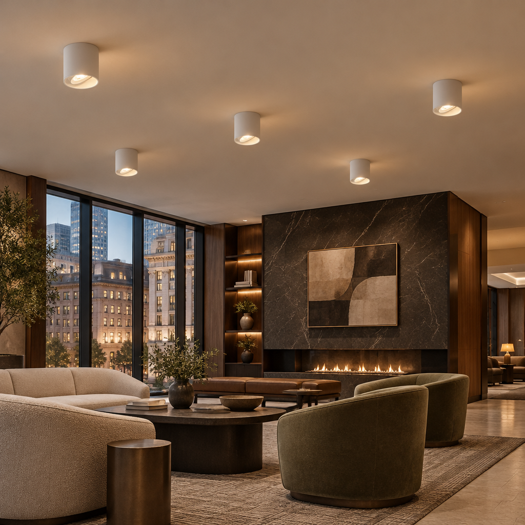 Pico LED Surface Mount Spotlight, Set of 5 White, in a boutique hotel lobby lounge in a downtown U.S. city building