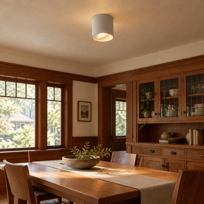 Pico LED Surface Mount Spotlight, Single White, in a craftsman bungalow dining room with wood trim and built-in cabinets