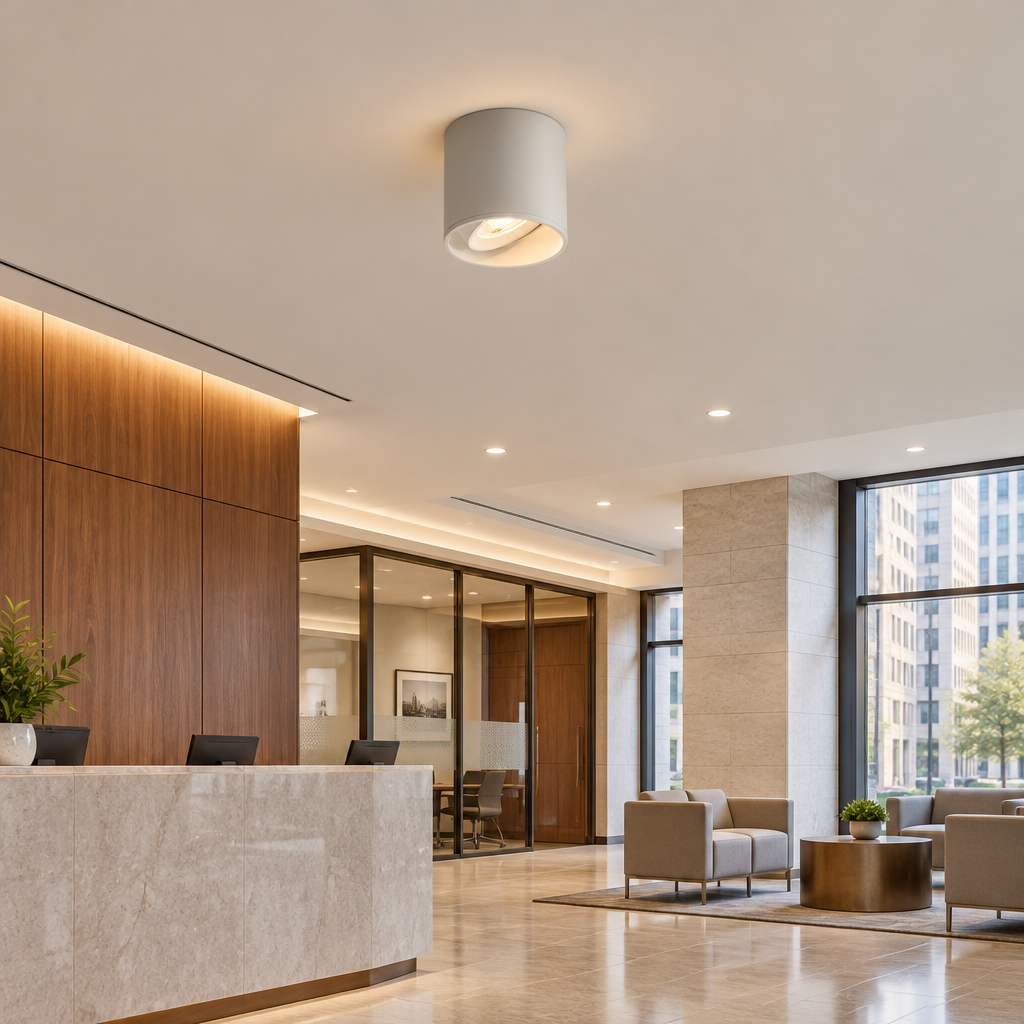 Pico LED Surface Mount Spotlight, Single White, in a bank branch lobby in a U.S. city