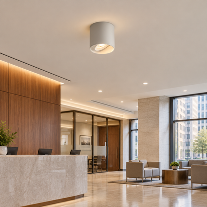 Pico LED Surface Mount Spotlight, Single White, in a bank branch lobby in a U.S. city