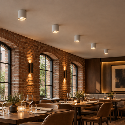 Pico LED Surface Mount Spotlight, Set of 5 White, in an upscale restaurant dining room in a renovated brick building