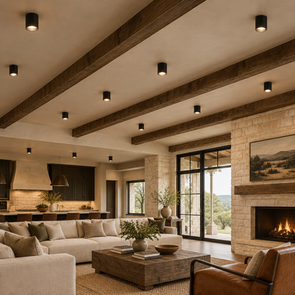 Pico LED Surface Mount Spotlight, Set of 10 Black, in a Texas hill country great room with exposed beams and limestone accents