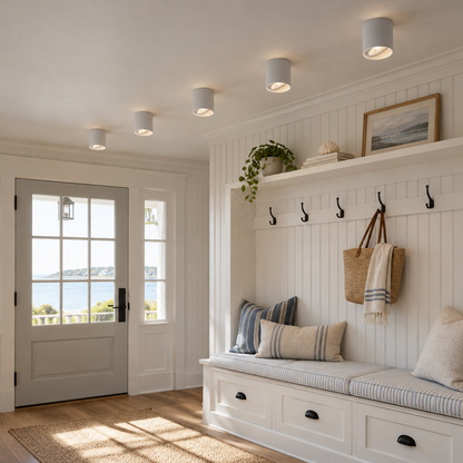 Pico LED Surface Mount Spotlight, Set of 5 White, in a coastal New England cottage entryway with beadboard and a bench