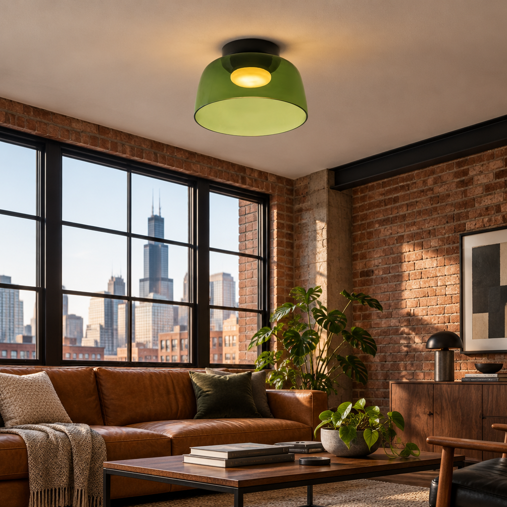Tiera Layered Glass Ceiling Light, Single Green, in a Chicago loft living area with exposed brick and large factory windows