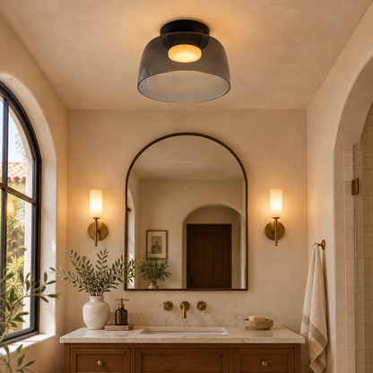Tiera Layered Glass Ceiling Light, Single Smoke grey, in a Southern California Spanish bungalow bathroom with a vanity and arched mirror