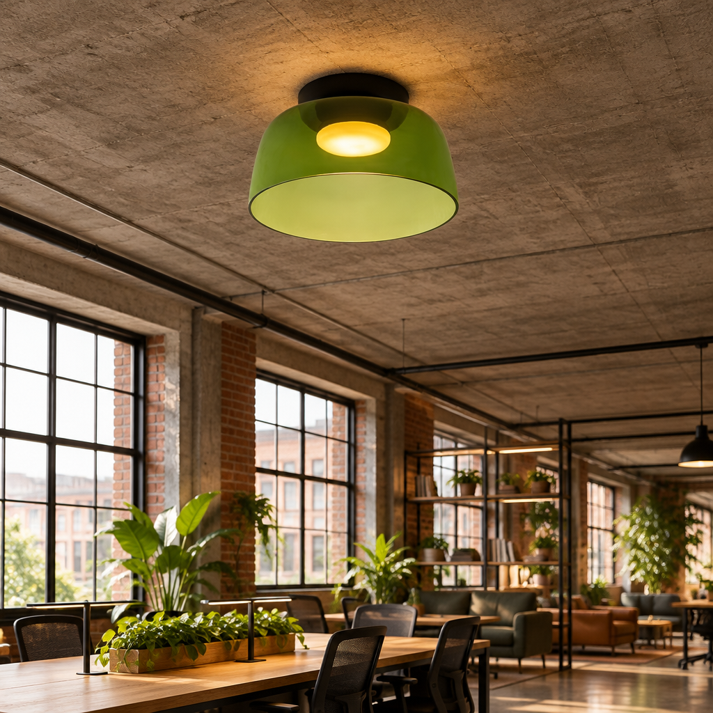 Tiera Layered Glass Ceiling Light, Single Green, in a co-working space in a converted warehouse