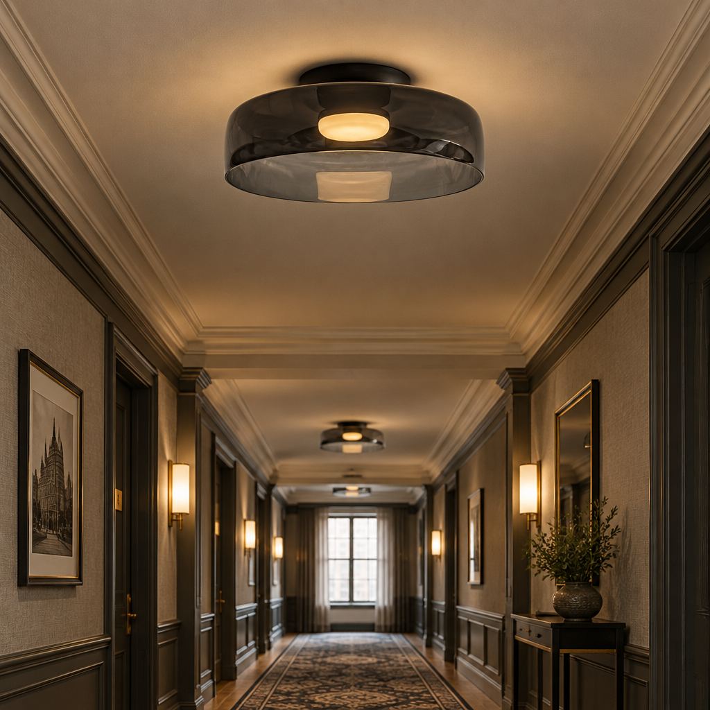 Tiera Layered Glass Ceiling Light, Single Smoke grey, in a hotel corridor in a renovated U.S. historic hotel
