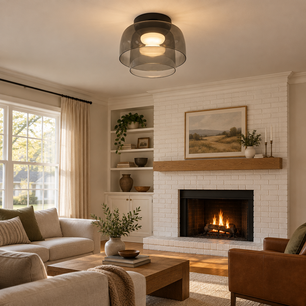 Tiera Layered Glass Ceiling Light, Double Smoke grey, in a cozy American suburban living room with a white brick fireplace and oak floors