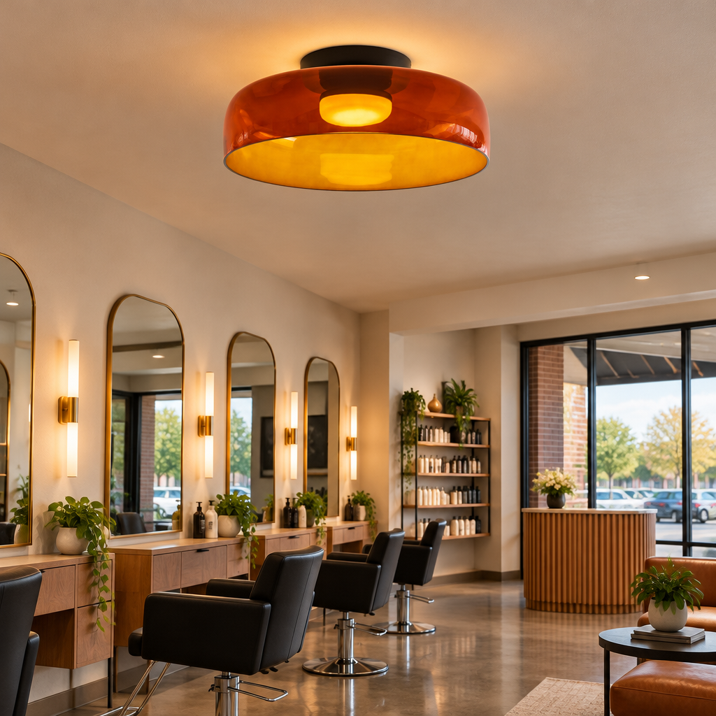 Tiera Layered Glass Ceiling Light, Single Orange, in an upscale hair salon in a U.S. strip mall