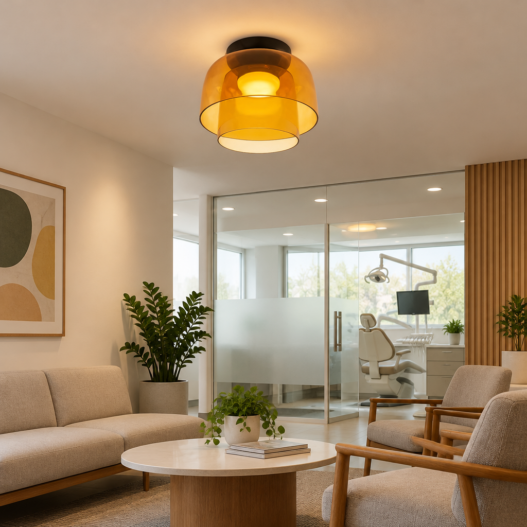 Tiera Layered Glass Ceiling Light, Double Orange, in a dental office waiting room in a modern medical building