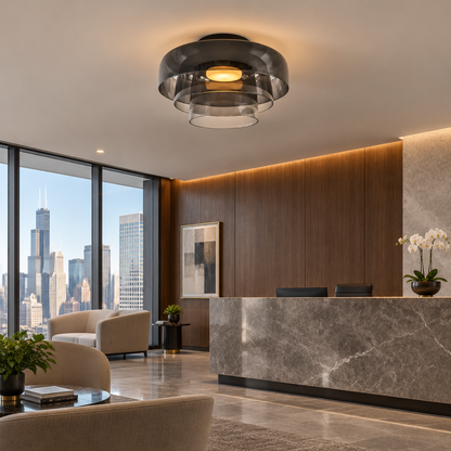 Tiera Layered Glass Ceiling Light, Triple Smoke grey, in a modern law office reception area in a U.S. high rise