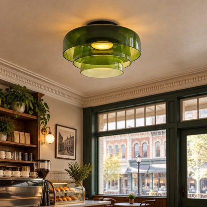 Tiera Layered Glass Ceiling Light, Triple Green, in a coffee shop in a historic Main Street storefront