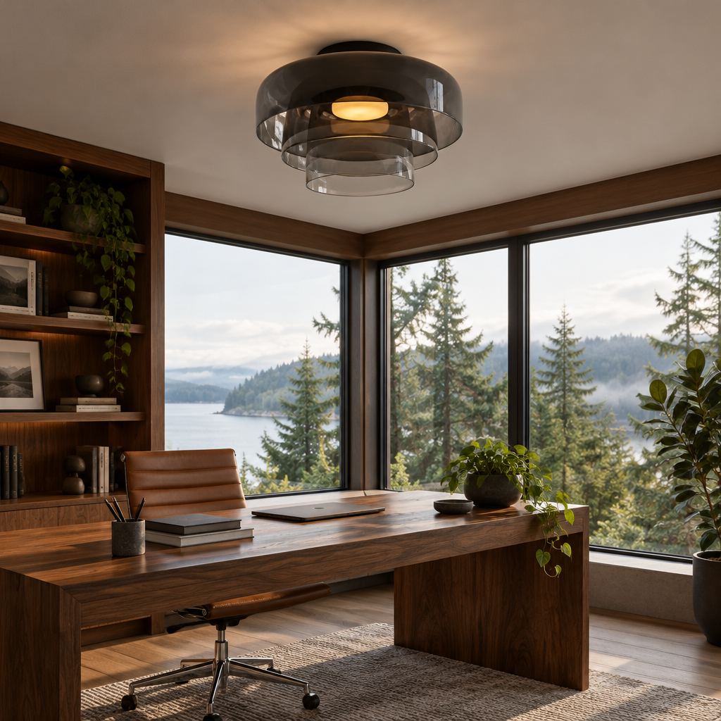 Tiera Layered Glass Ceiling Light, Triple Smoke grey, in a Pacific Northwest home office with large windows and a walnut desk
