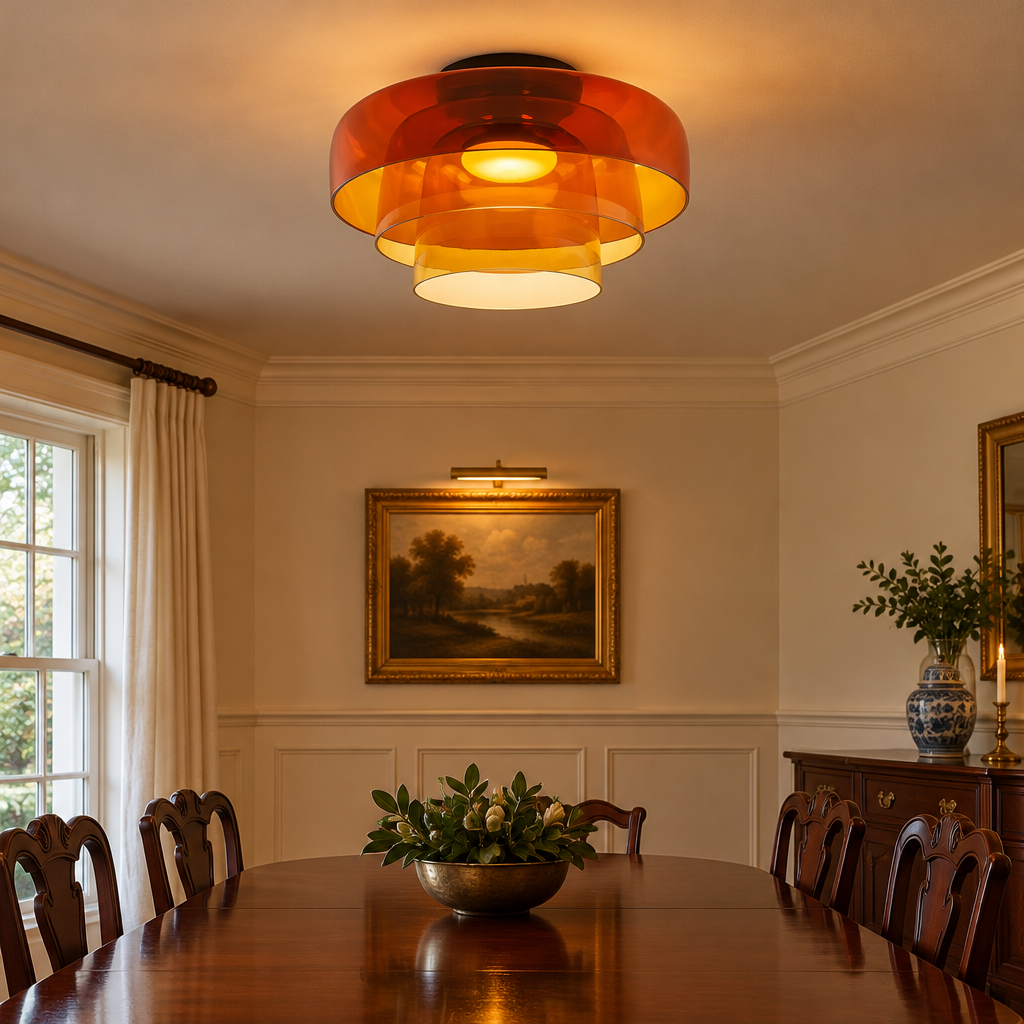 Tiera Layered Glass Ceiling Light, Triple Orange, in a colonial style dining room with wainscoting and a mahogany table