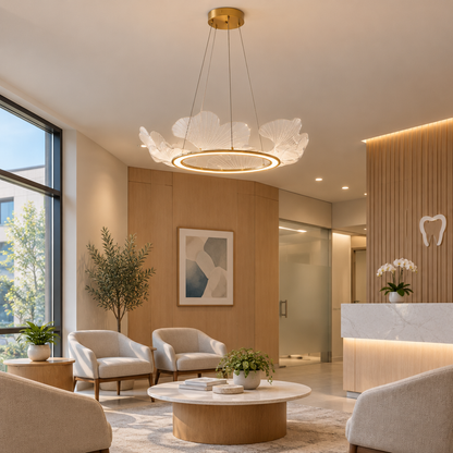 Undine Gold Leaf LED Chandelier in a dental office waiting room in a modern medical building