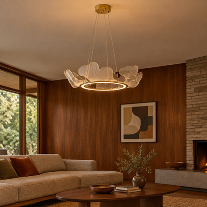Undine Gold Leaf LED Chandelier in a mid-century ranch house den with walnut paneling and a low sofa