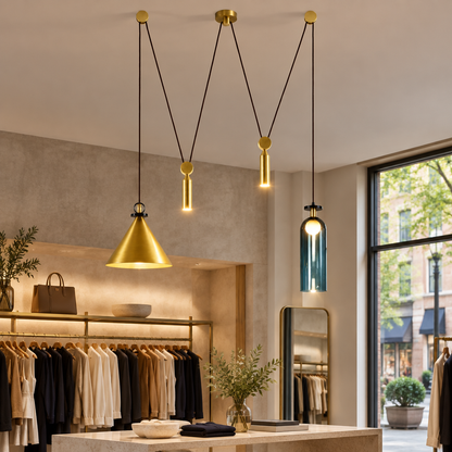 Kubik Geometric Modular Chandelier, Section D Gold Blue, in a boutique clothing store in a U.S. shopping district