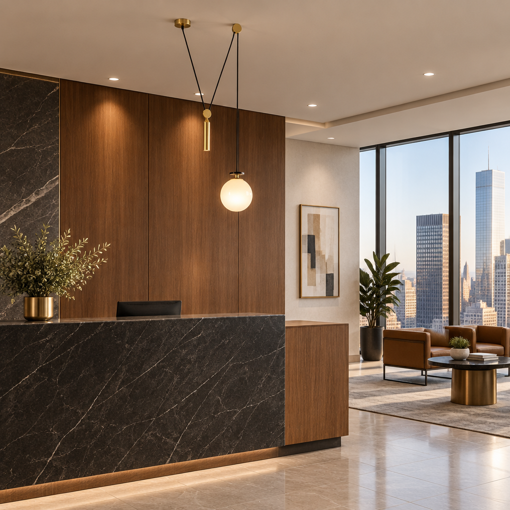 Kubik Geometric Modular Chandelier, Section B Gold White, in a modern law office reception area in a U.S. high rise