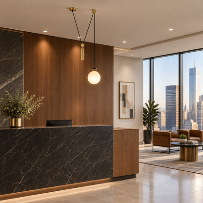 Kubik Geometric Modular Chandelier, Section B Gold White, in a modern law office reception area in a U.S. high rise