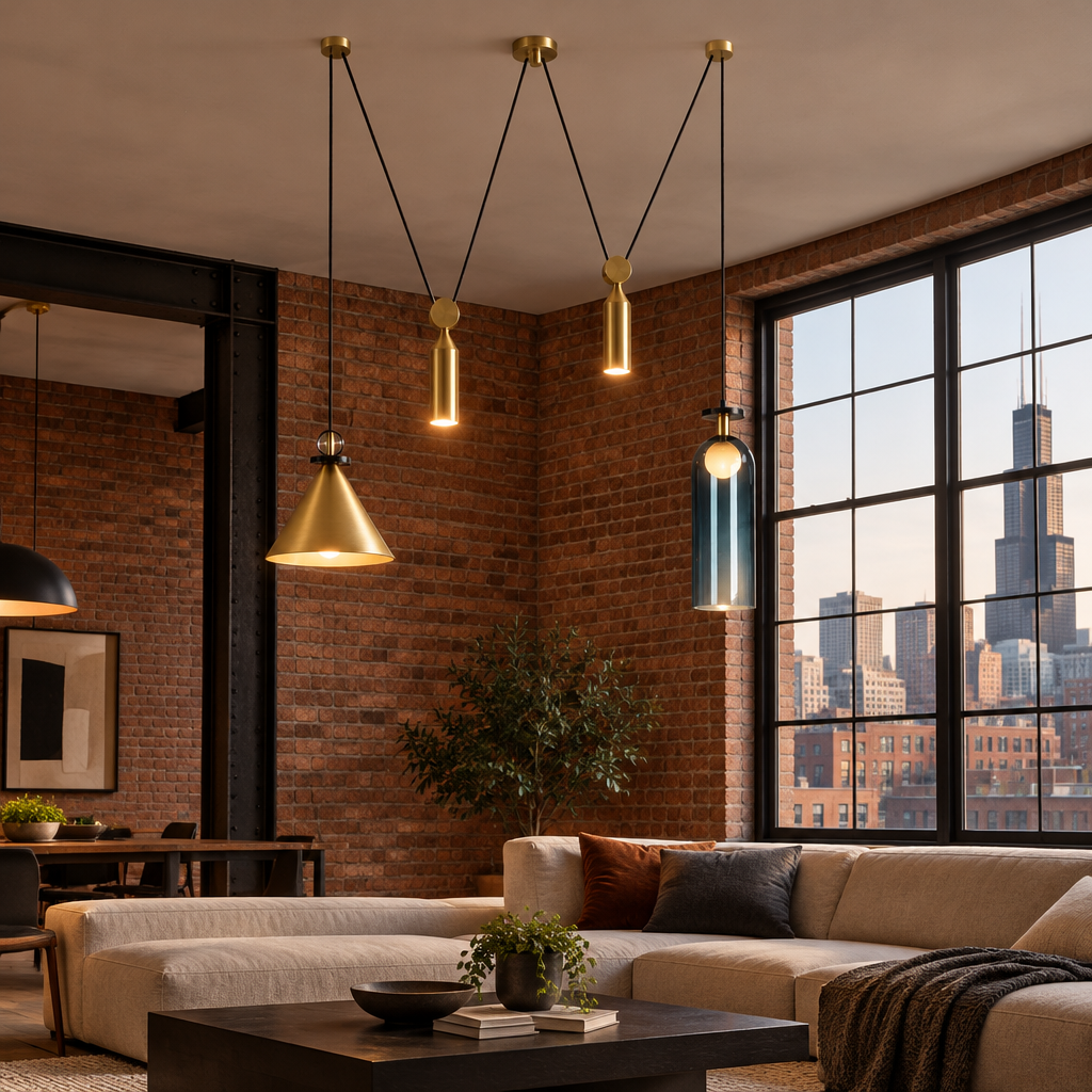 Kubik Geometric Modular Chandelier, Section D Gold Blue, in a Chicago loft living area with exposed brick and large factory windows