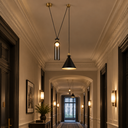 Kubik Geometric Modular Chandelier, Section J Grey Black, in a hotel corridor in a renovated U.S. historic hotel