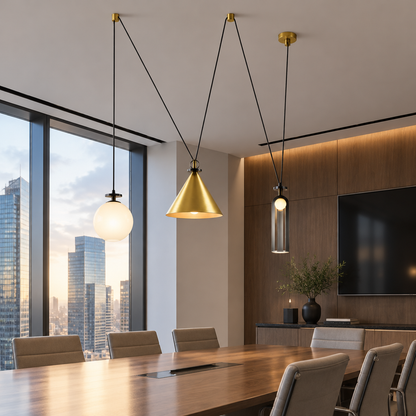 Kubik Geometric Modular Chandelier, Section K Gold Grey White, in a corporate conference room in a Class A office building