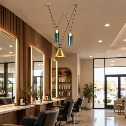 Kubik Geometric Modular Chandelier, Section L Gold Blue, in an upscale hair salon in a U.S. strip mall