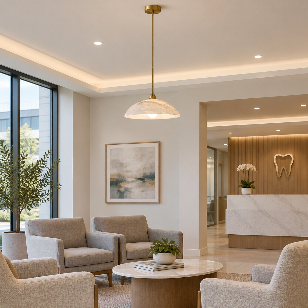 Dahlia Alabaster Dome Pendant Light, Rod mount, brass and white alabaster, in a dental office waiting room in a modern medical building