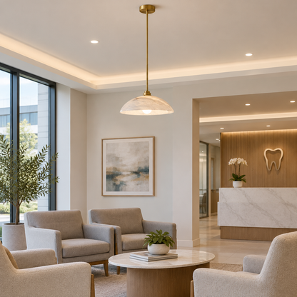 Dahlia Alabaster Dome Pendant Light, Rod mount, brass and white alabaster, in a dental office waiting room in a modern medical building