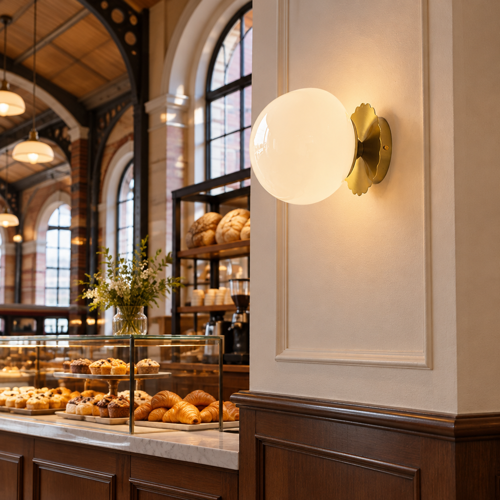 Wisp Glass Wall Sconce, Gold and White, in a bakery cafe in a renovated American train depot