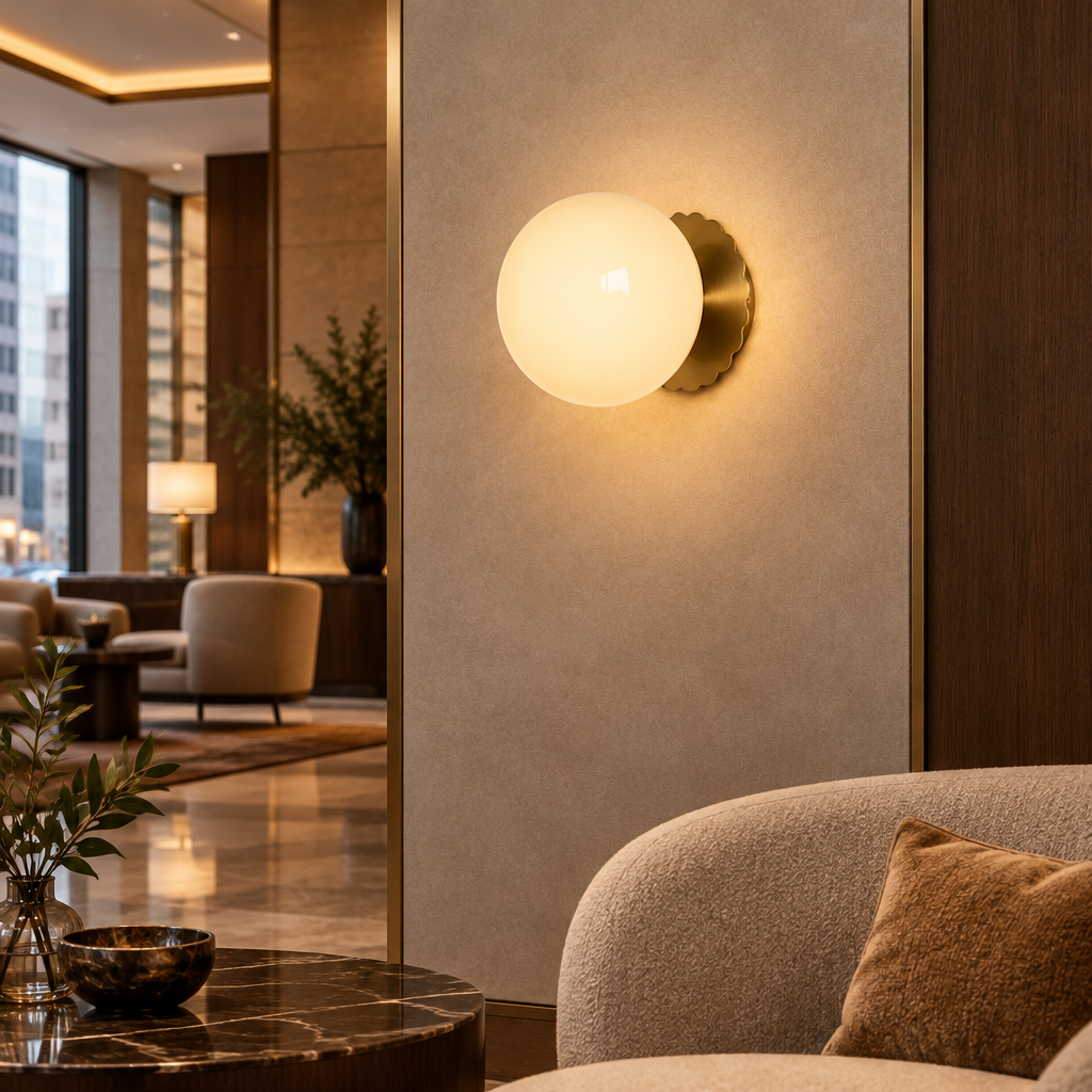 Wisp Glass Wall Sconce, Gold and Beige, in a boutique hotel lobby lounge in a downtown U.S. city building