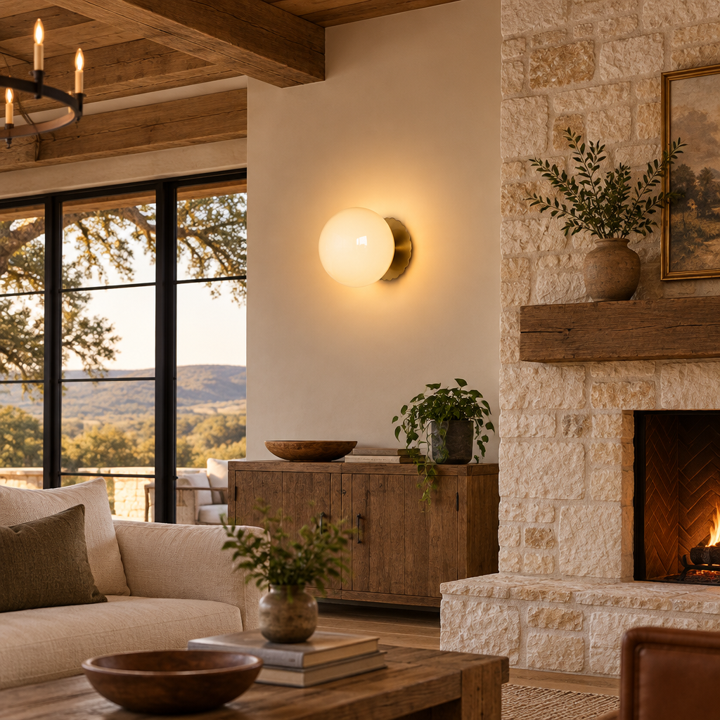 Wisp Glass Wall Sconce, Gold and Beige, in a Texas hill country great room with exposed beams and limestone accents