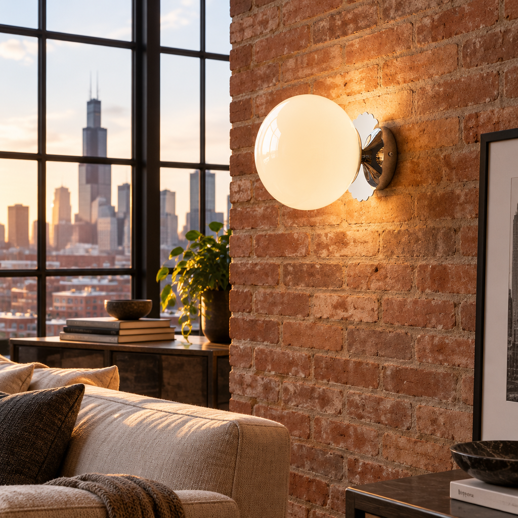 Wisp Glass Wall Sconce, Chrome and White, in a Chicago loft living area with exposed brick and large factory windows