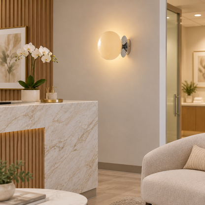 Wisp Glass Wall Sconce, Chrome and Beige, in a medical spa reception area in a suburban office park