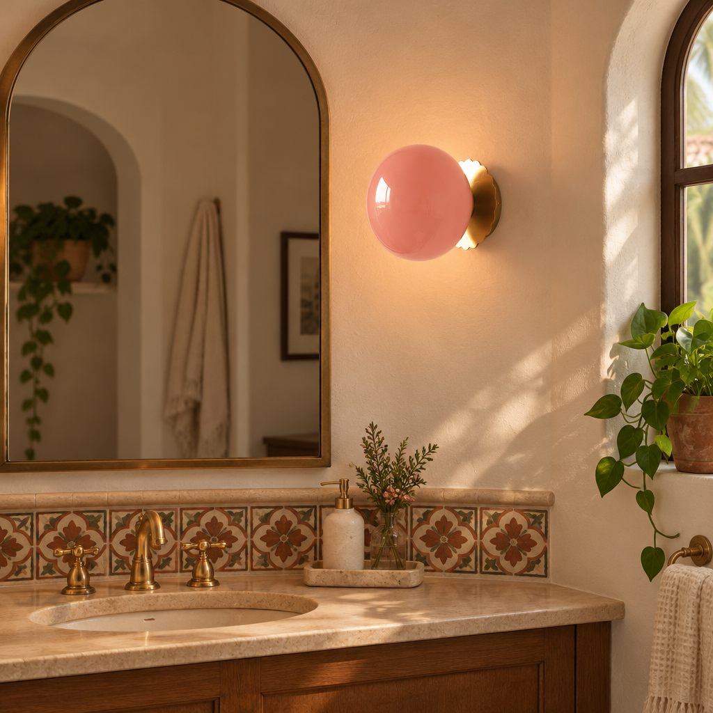 Wisp Glass Wall Sconce, Gold and Pink, in a Southern California Spanish bungalow bathroom with a vanity and arched mirror