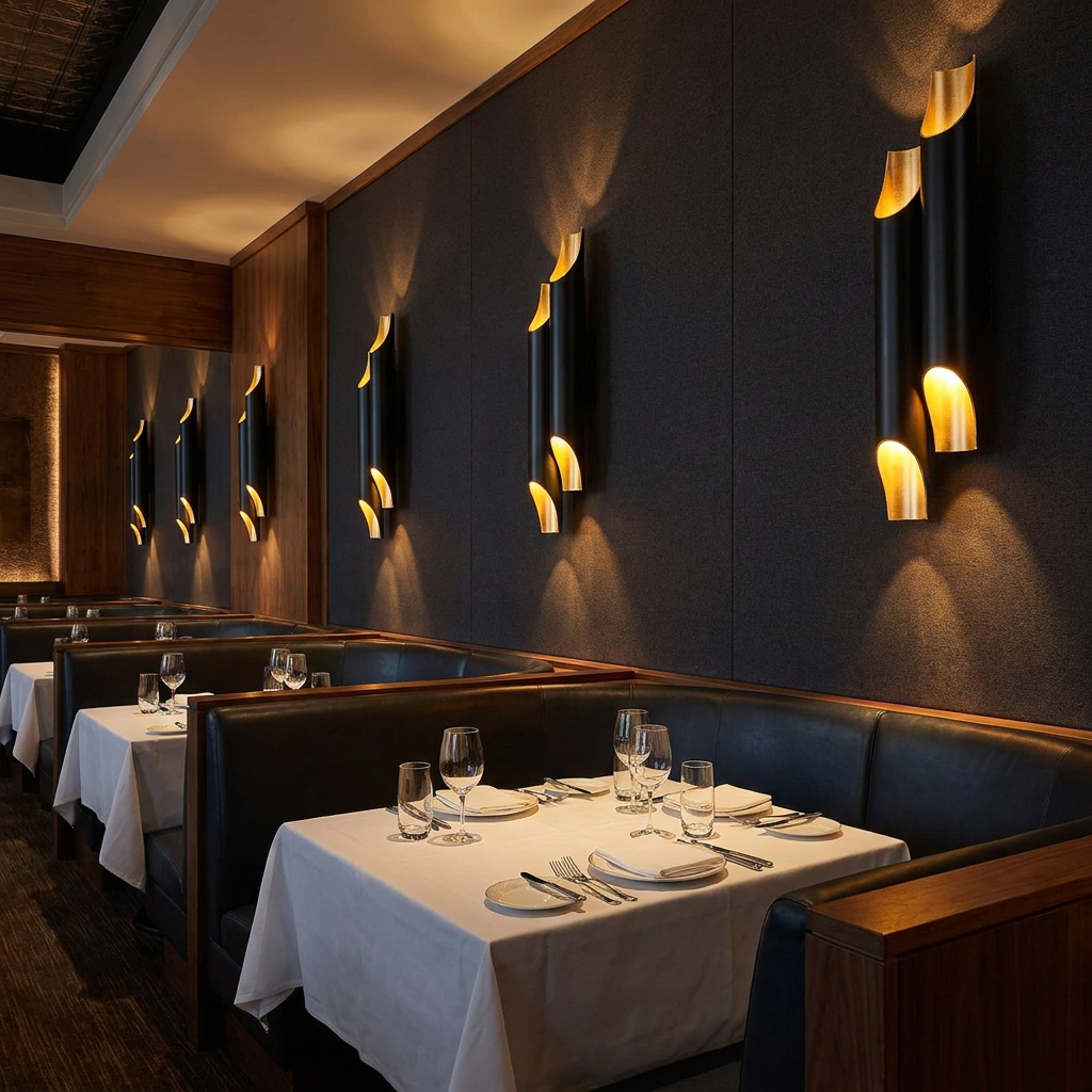 Solenne large double black and gold wall sconces in a steakhouse dining room
