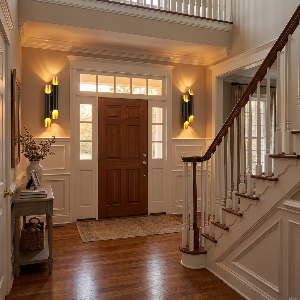 Solenne large double black and gold wall sconces in a colonial home foyer