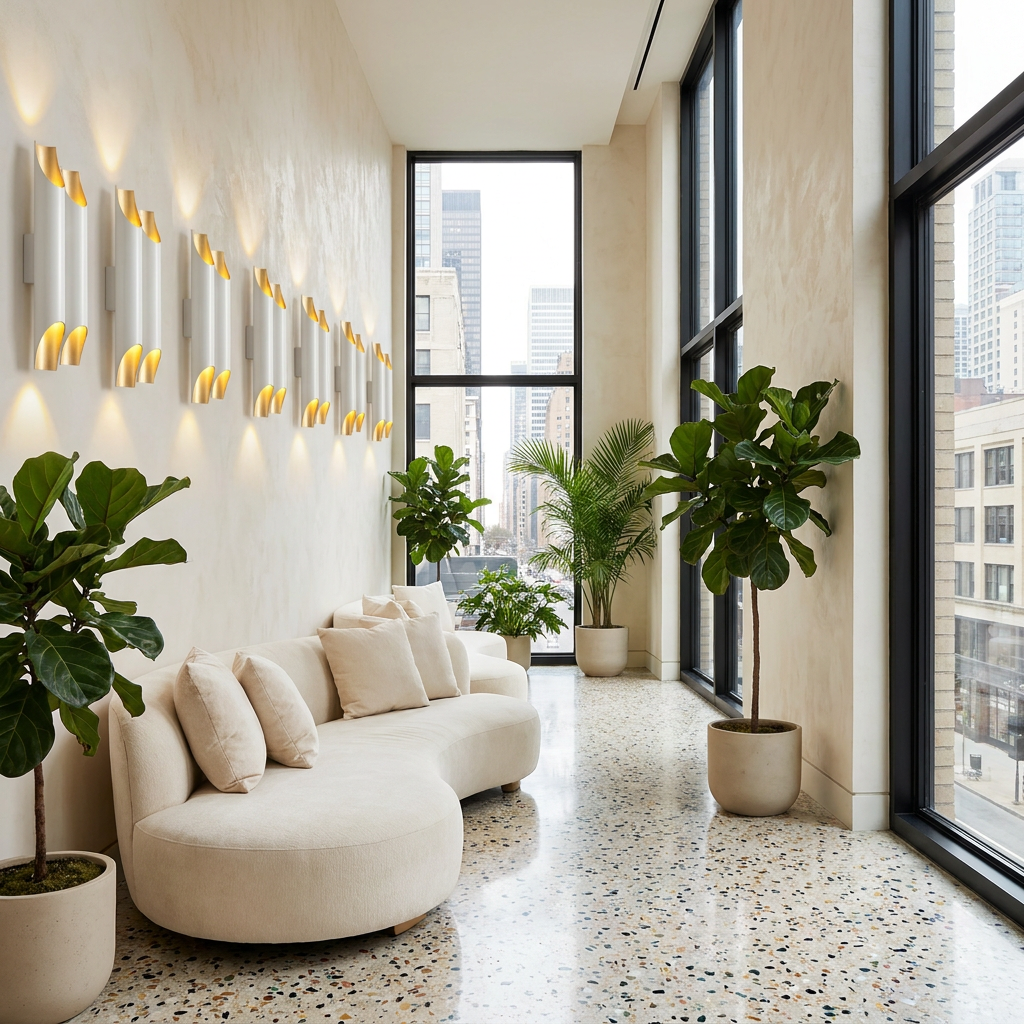 Solenne large double white and gold wall sconces in a boutique hotel lobby