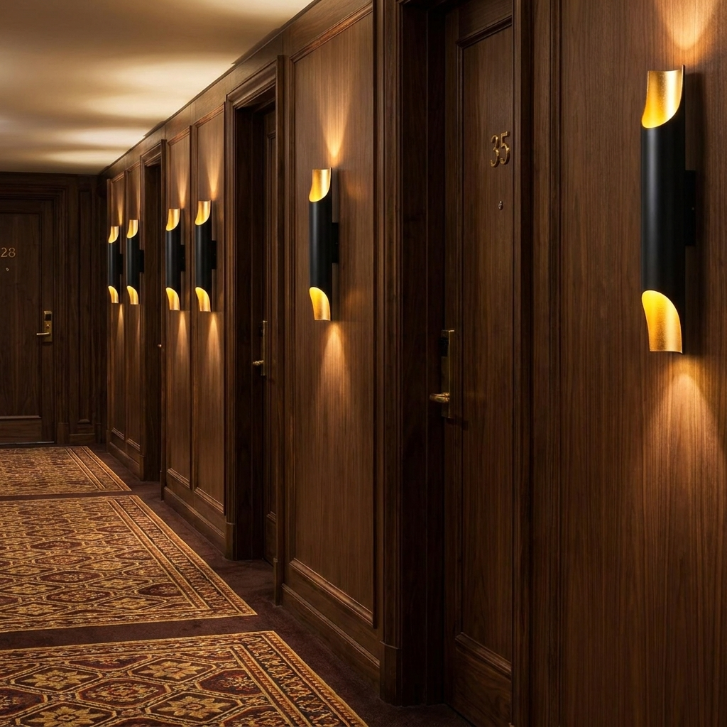 Solenne small black and gold wall sconces in a hotel corridor