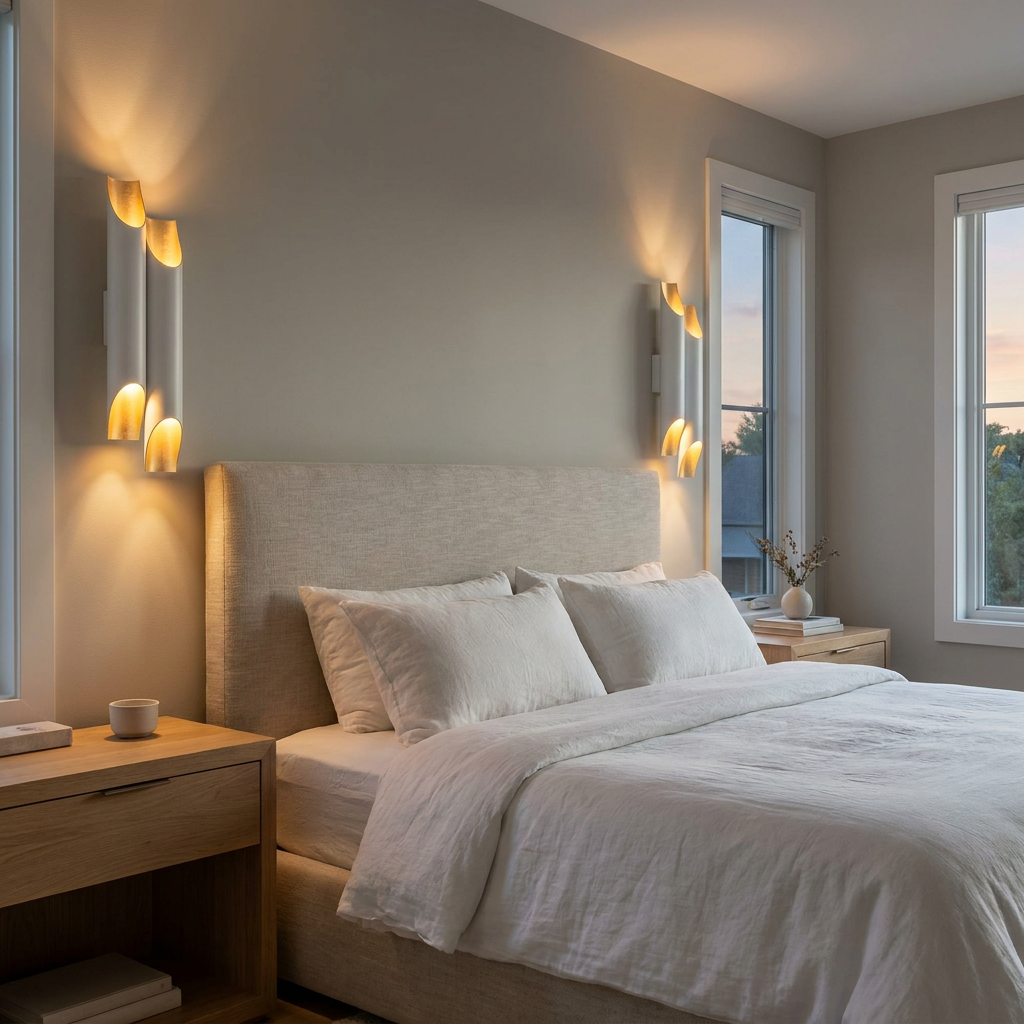 Solenne large double white and gold wall sconces in a transitional bedroom