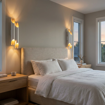 Solenne large double white and gold wall sconces in a transitional bedroom
